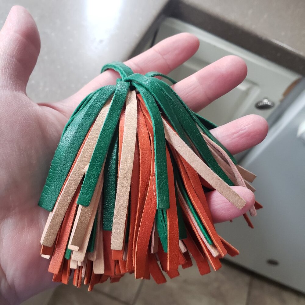 Clare V leather Pom Pom in Green, Red, & Pink